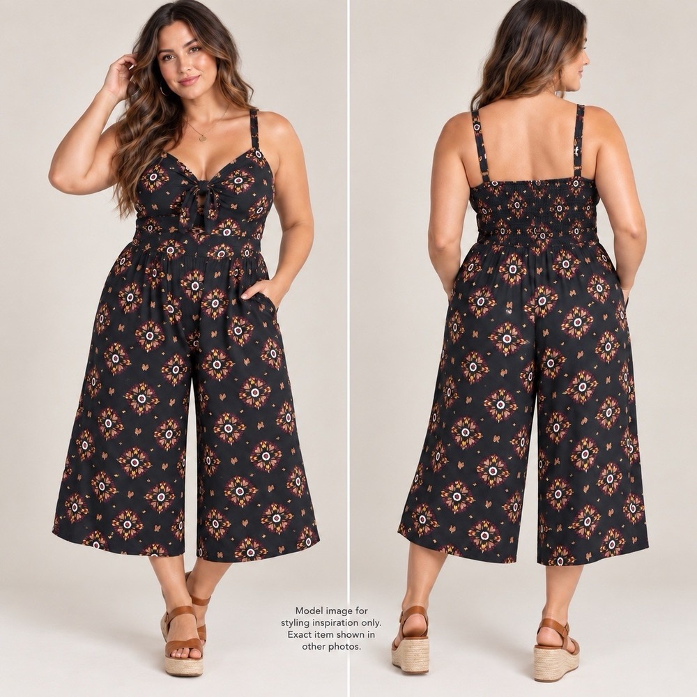 Torrid Jumpsuit Womens XL Black Batik Sun Tie Front Culotte Rayon Boho Festival